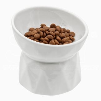 Ciotola Gatto Rialzata mod. CHIC in ceramica smaltata bianca 200ml per crocchette, umido e acqua, anche per piccoli cani, facile da pulire STI