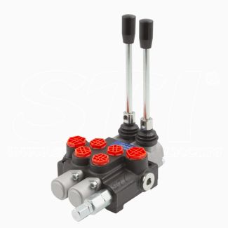 STI Distributore oleodinamico per trattori / escavatori PTN G1/2 AB G3/8 2 leve: P40 Distributore Idraulico a doppio effetto con ritorno a molla, Portata 40 L/min, Pressione massima 200 bar