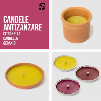 Candela antizanzare citronella cannella geranio varie misure coccio ed alluminio