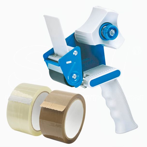 STI Tendinastro Dispencer Manuale di Nastro Adesivo da Imballaggio kit con 1 rotolo marrone e 1 rotolo trasparente con Frizione Regolabile STI