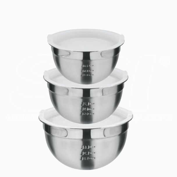 Set di 3 Ciotole Bowl in Acciaio Inox con Tappo Ermetico in Polietilene Cucina 18cm 1,4lt 20cm 2lt 22cm 2,9lt con Coperchio