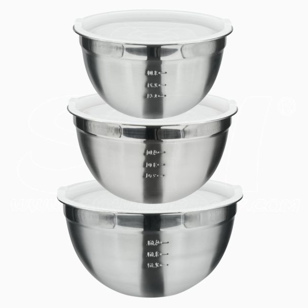 Set di 3 Ciotole Bowl in Acciaio Inox con Tappo Ermetico in Polietilene Cucina 26cm 4,6lt 28cm 6lt 30cm 7,5lt con Coperchio