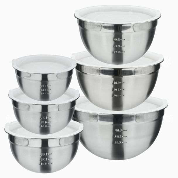 Set di 6 Ciotole Bowl in Acciaio Inox con Tappo Ermetico in Polietilene Cucina 18cm 1,4lt 20cm 2lt 22cm 2,9lt 26cm 4,6lt 28cm 6lt 30cm 7,5ltcon Coperchio