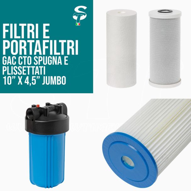 Filtri e Portafiltri 10” Jumbo x 4.5” per Addolcitori Depuratori Osmosi Inversa Acqua Pura STI