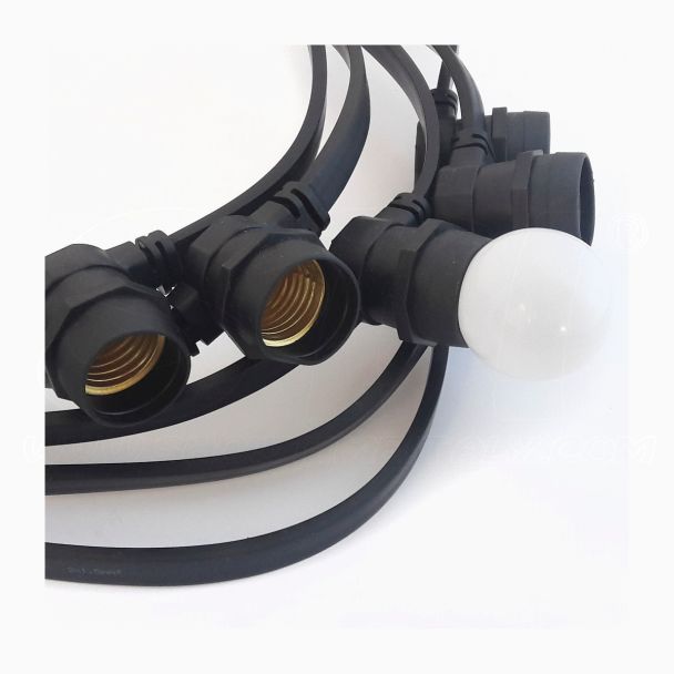 Catena led 10 metri Nera 1 lampada ogni 50cm totale 20 connettori e27 cavo certificato 3x1.5 +Spina