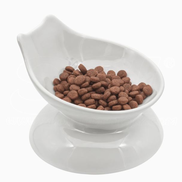 Ciotola Gatto Rialzata e Inclinata mod. ORECCHIE in ceramica smaltata bianca 150ml per crocchette, umido e acqua, anche per piccoli cani, facile da pulire STI