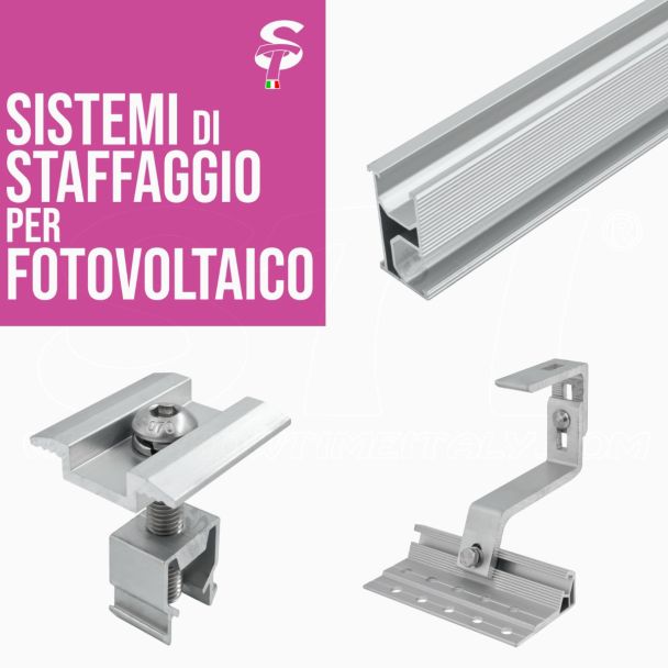 Sistema di staffaggio fotovoltaico per tetto a falda e lamiera grecata inox alluminio