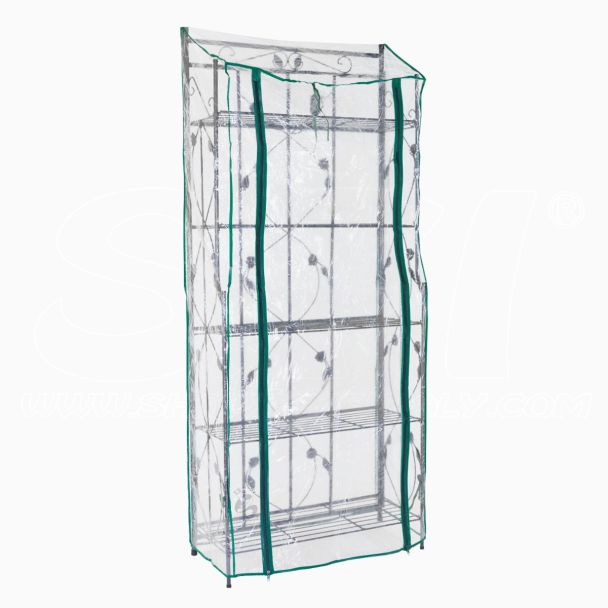 Serra scaffale fioriera da balcone terrazza giardino, per piante e fiori, telo PVC, pieghevole apertura a cerniera, decori in metallo, facile da montare e riporre 5 ripiani 75x34x177 H cm STI