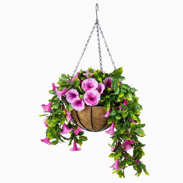 Vaso da appendere in cocco con catenella e gancio con pianta artificiale Ipomea Cadente Viola diametro 35cm STI