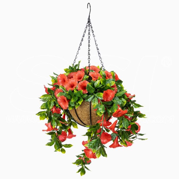 Vaso da appendere in cocco con catenella e gancio con pianta artificiale Ipomea Cadente Rossa diametro 35cm STI