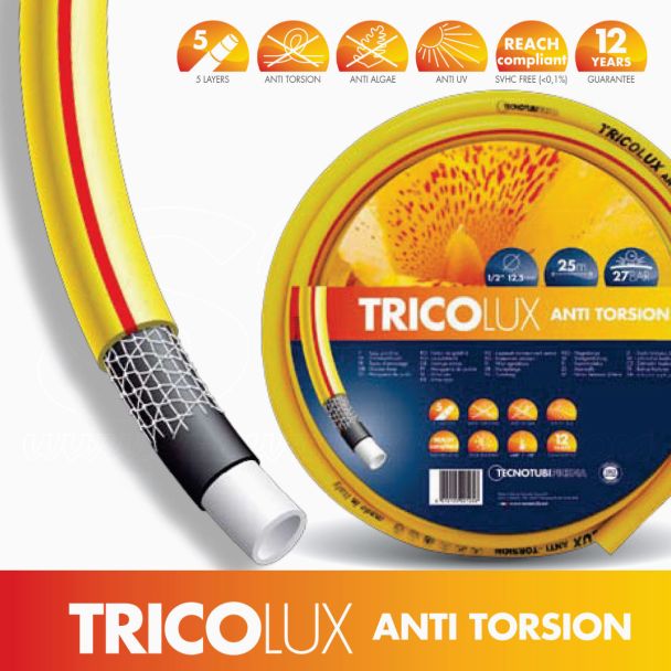 Tubo Irrigazione Giardino Acqua Anti Torsione Tricot Rinforzo 5 Strati 1/2”(13mm)x 15m Giallo