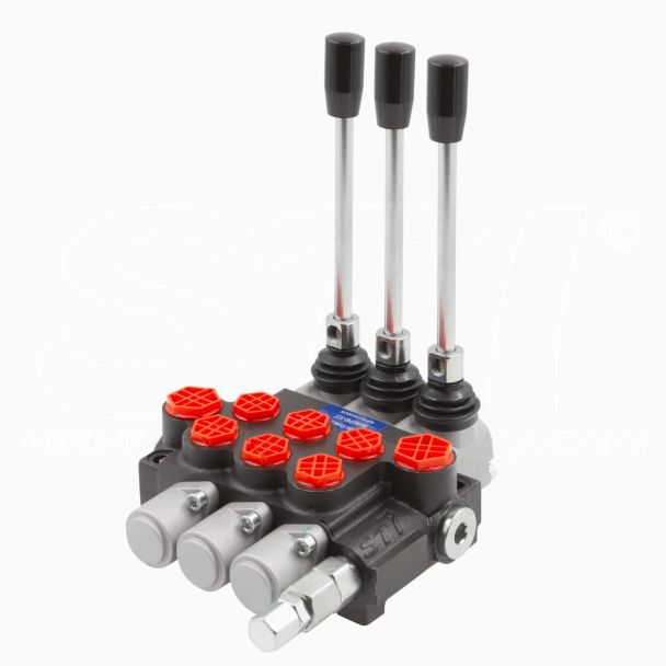 STI Distributore oleodinamico per trattori / escavatori PTN G1/2 AB G3/8 3 leve: P40 Distributore Idraulico a doppio effetto con ritorno a molla, Portata 40 L/min, Pressione massima 200 bar