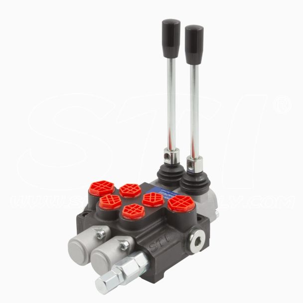 STI Distributore oleodinamico per trattori / escavatori PAB G1/2 TN G3/4 2 leva: P80 Distributore Idraulico a doppio effetto con ritorno a molla, Portata 80 L/min, Pressione massima 200 bar