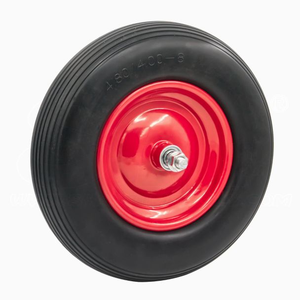 Ruota 4.8/4.00-8 Ø 390mm Gomma Piena Antiforatura per Carriola compreso asse perno 155mm x 20mm