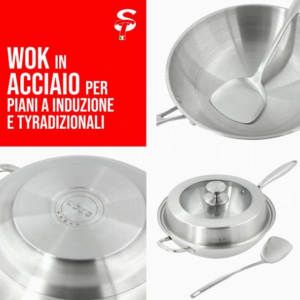 STI WOK Padelle saltapasta Millennium INOX Professionale per piani a Induzione e Tradizionali