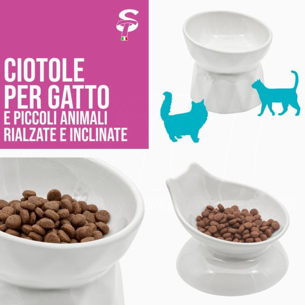 Ciotola Gatto Rialzata  in ceramica smaltata bianca STI per crocchette, umido e acqua anche per piccoli cani, facile da pulire STI