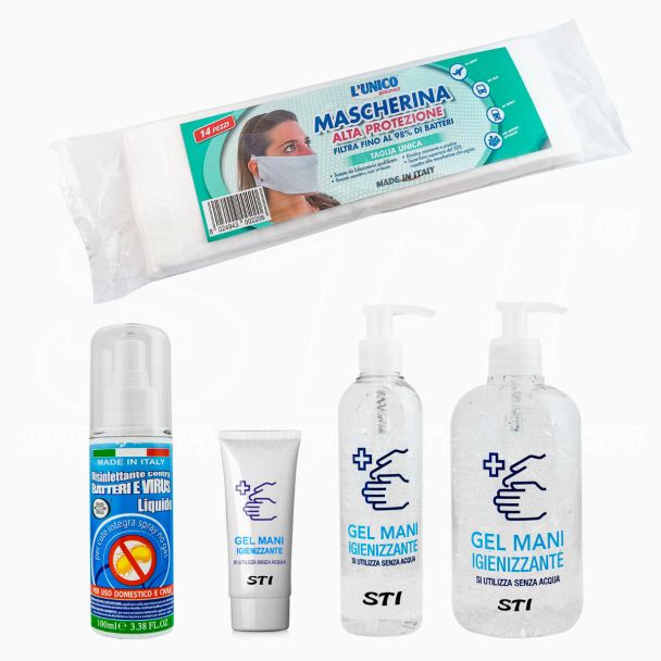 Gel e Spray Lavamani Igienizzante Elimina 99% Batteri Virus Viaggio Vari ML Senza Acqua + Mascherine protettive STI
